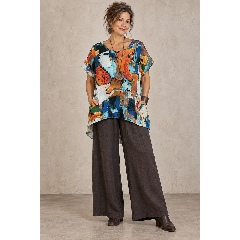 3 potato Abstract Print Tunic L/XL Multi-Color Viscose High-Low Top Art to Wear